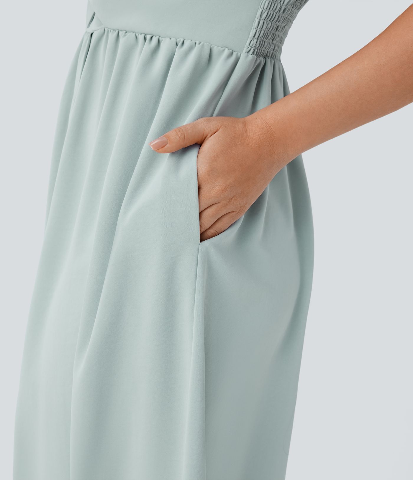 Collared V Neck Short Sleeve Twisted Side Pocket Button Midi Casual Dress