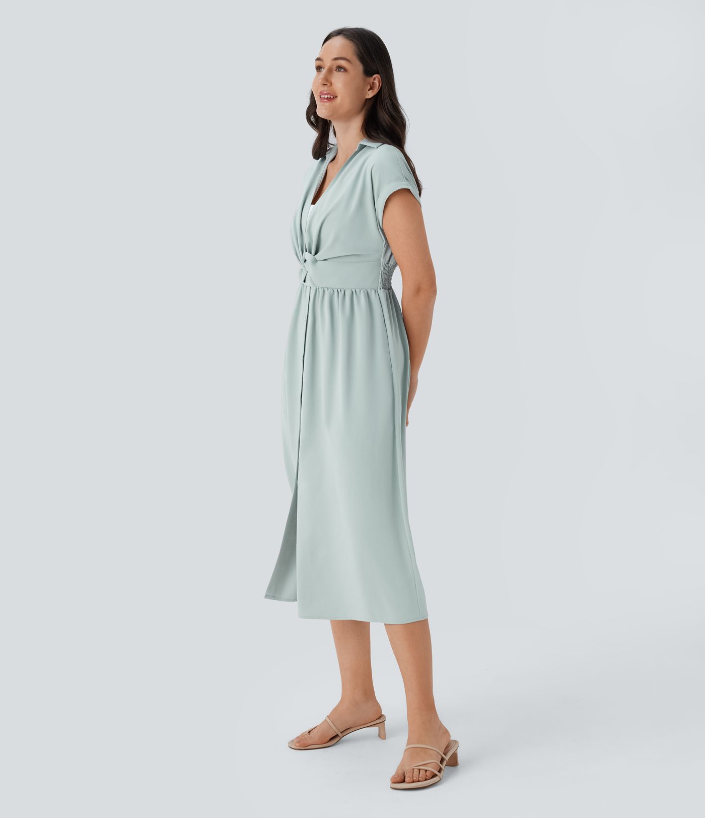 Collared V Neck Short Sleeve Twisted Side Pocket Button Midi Casual Dress