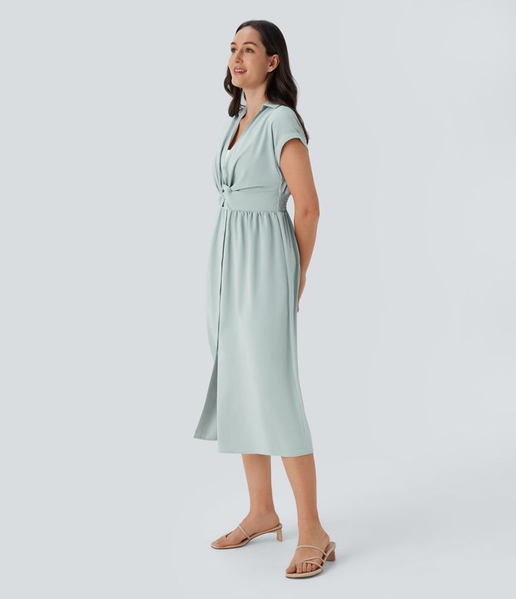 Collared V Neck Short Sleeve Twisted Side Pocket Button Midi Casual Dress