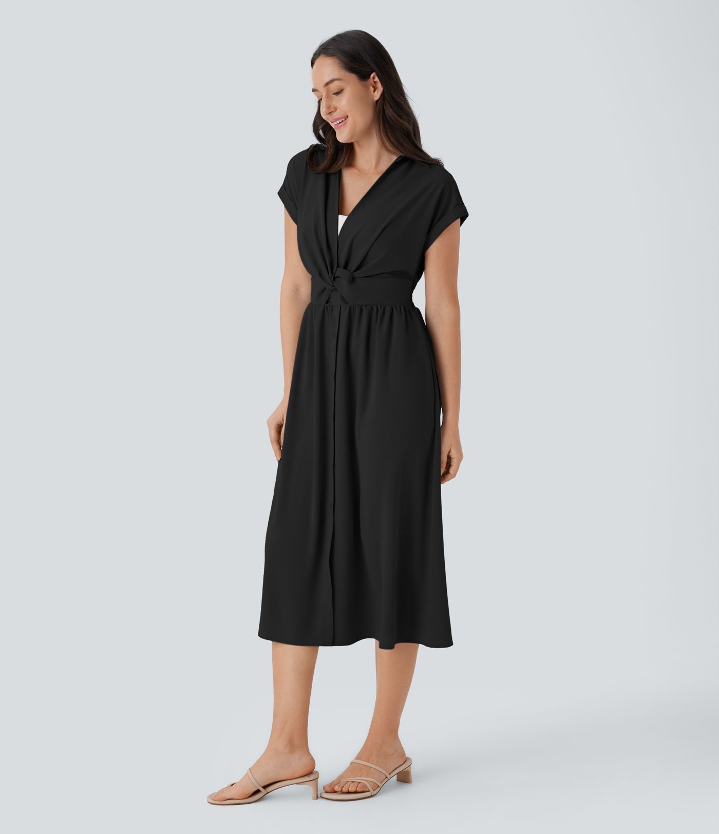 V Neck Short Sleeve Pocket Midi Casual Dress