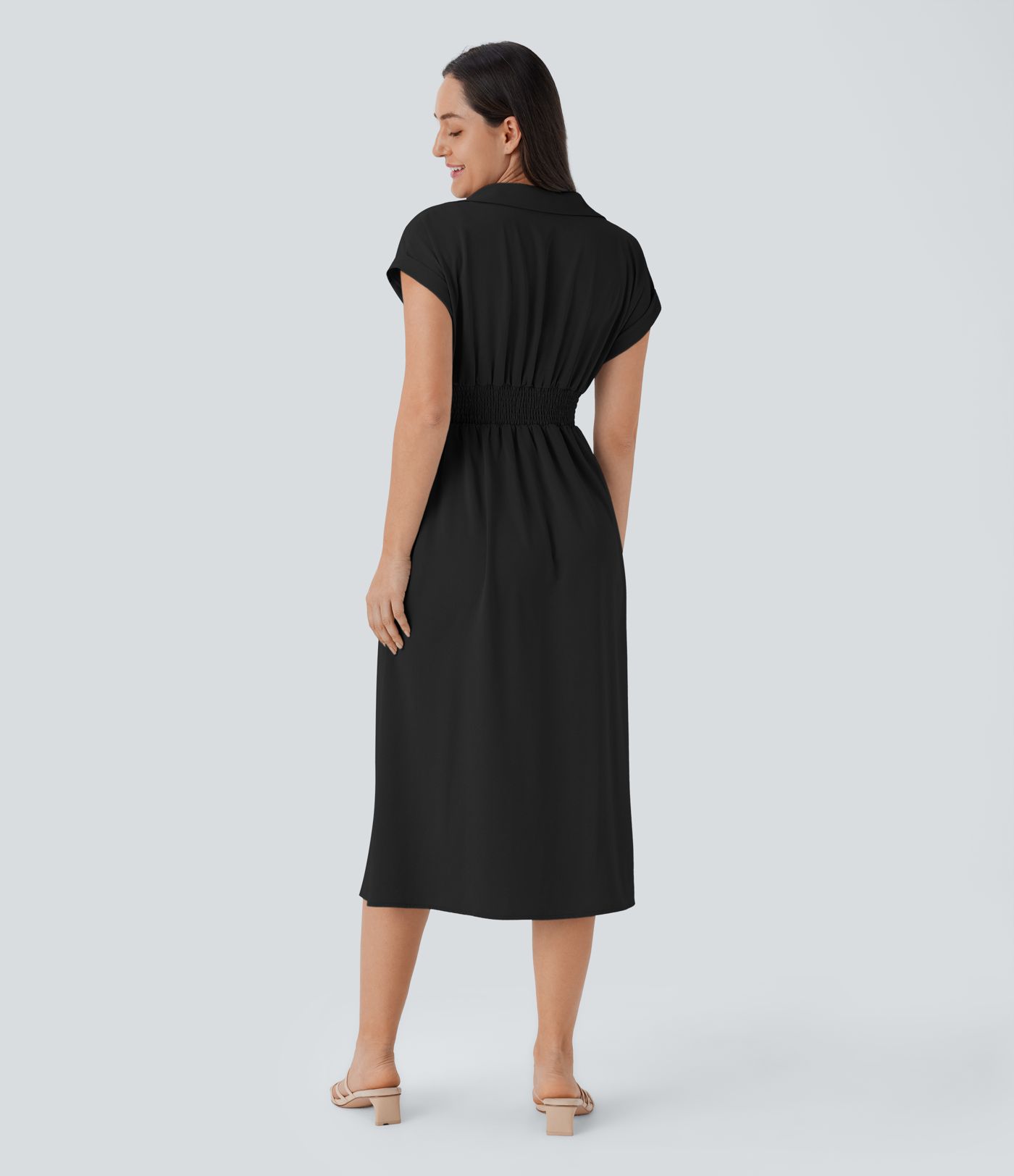V Neck Short Sleeve Pocket Midi Casual Dress