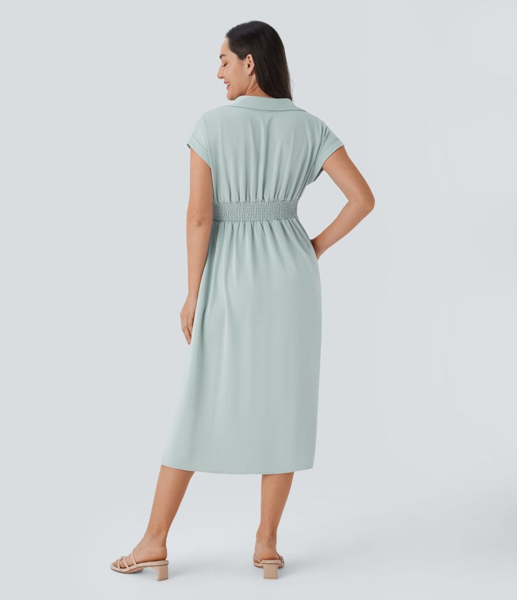 Collared V Neck Short Sleeve Twisted Side Pocket Button Midi Casual Dress