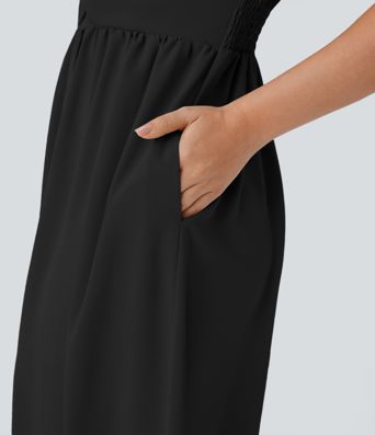 V Neck Short Sleeve Pocket Midi Casual Dress