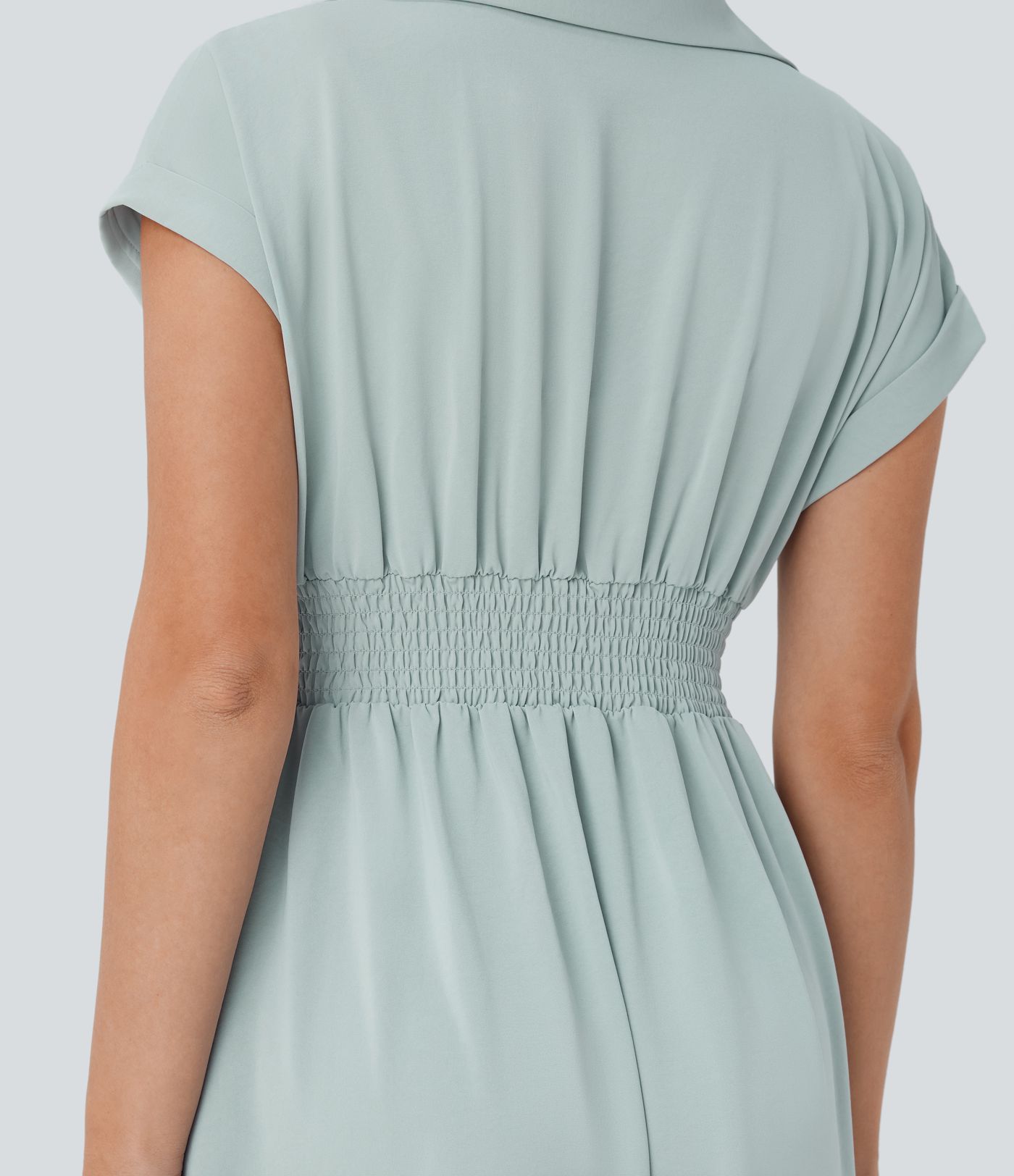 Collared V Neck Short Sleeve Twisted Side Pocket Button Midi Casual Dress