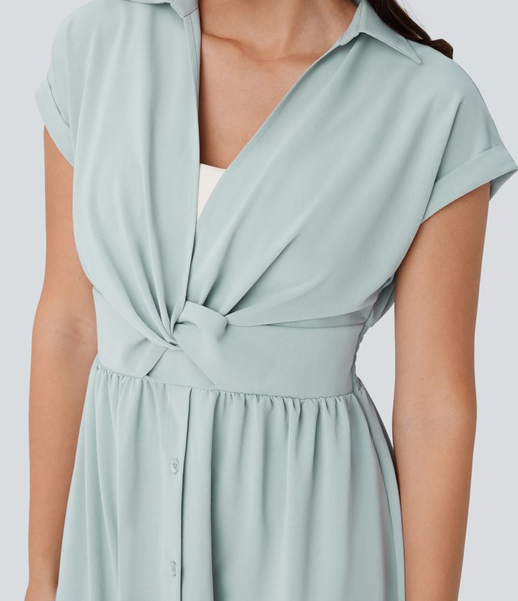 Collared V Neck Short Sleeve Twisted Side Pocket Button Midi Casual Dress