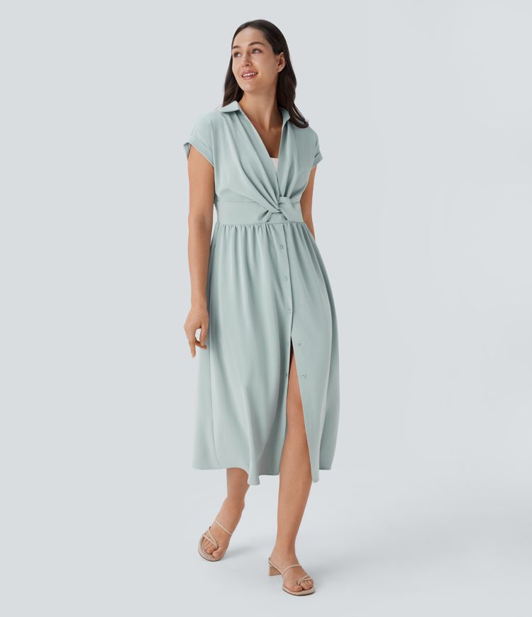 Collared V Neck Short Sleeve Twisted Side Pocket Button Midi Casual Dress