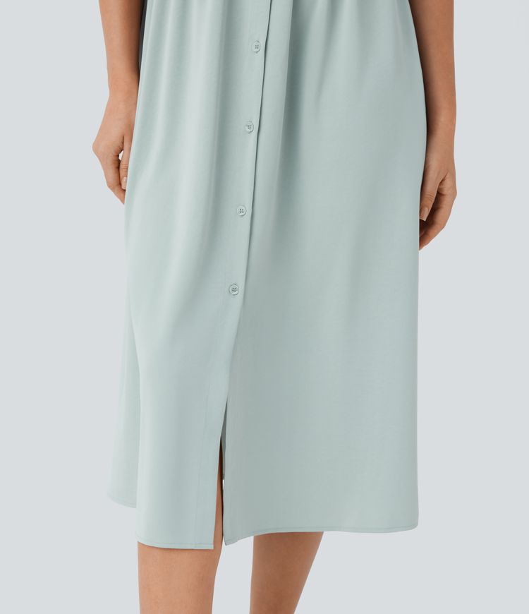 Collared V Neck Short Sleeve Twisted Side Pocket Button Midi Casual Dress