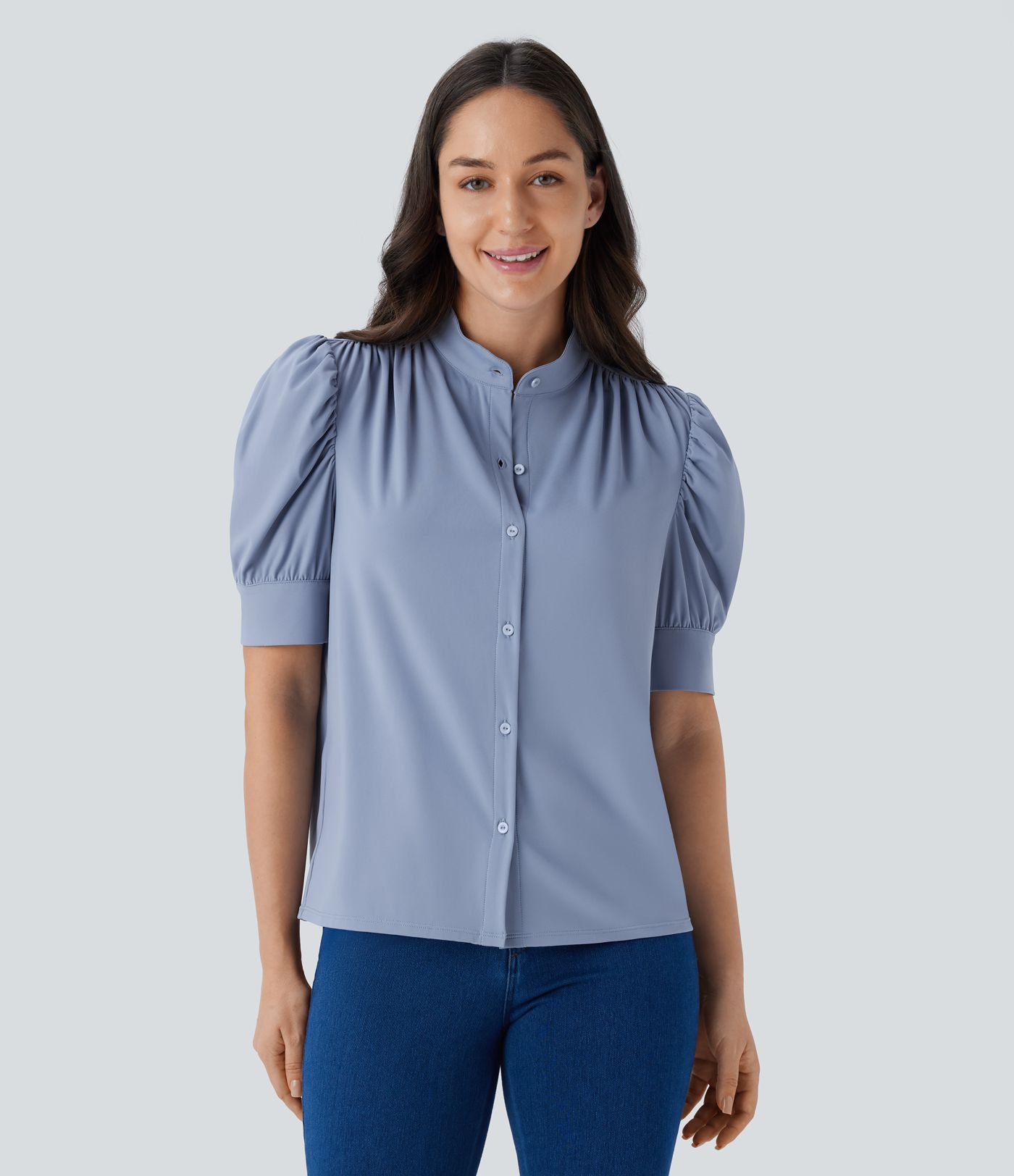Softlyzero™ Airy, lässige Bluse mit Stehkragen, Puffärmeln, Knopfleiste und Cool Touch