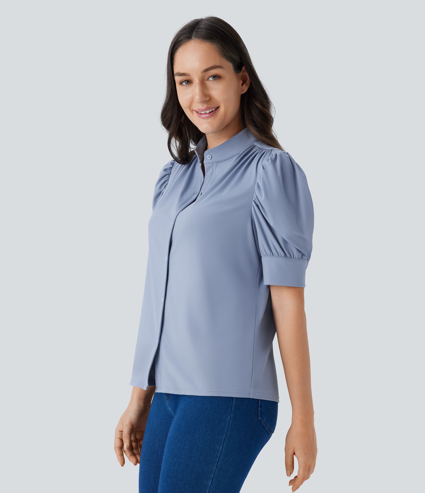 Softlyzero™ Airy, lässige Bluse mit Stehkragen, Puffärmeln, Knopfleiste und Cool Touch