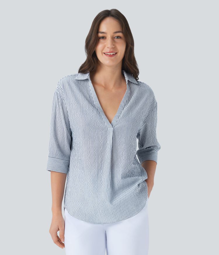 Half Sleeve Curved Hem Stripe Work Blouse