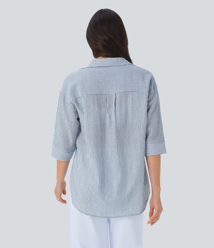 Half Sleeve Curved Hem Stripe Work Blouse