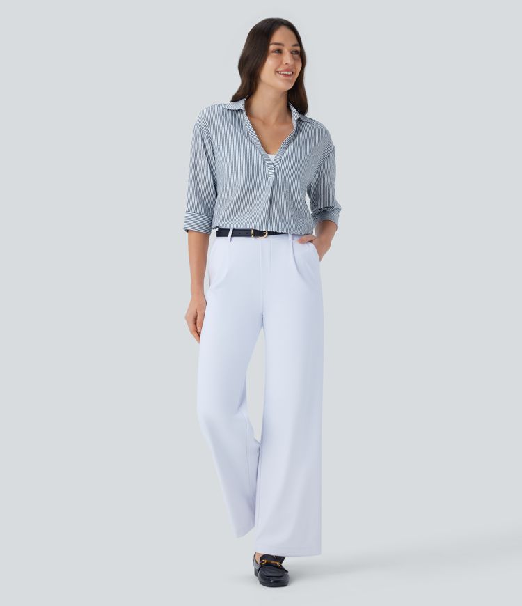 Half Sleeve Curved Hem Stripe Work Blouse