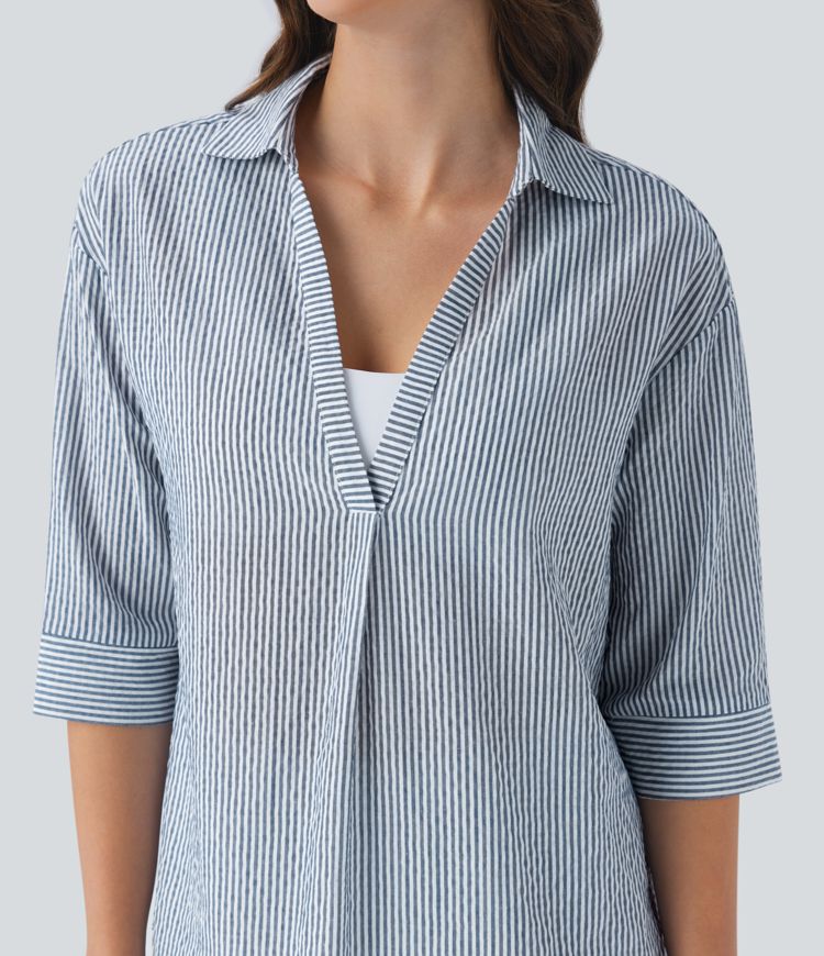 Half Sleeve Curved Hem Stripe Work Blouse