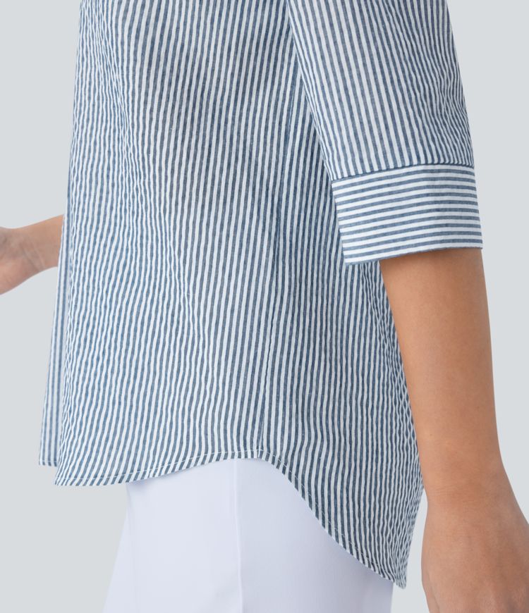 Half Sleeve Curved Hem Stripe Work Blouse