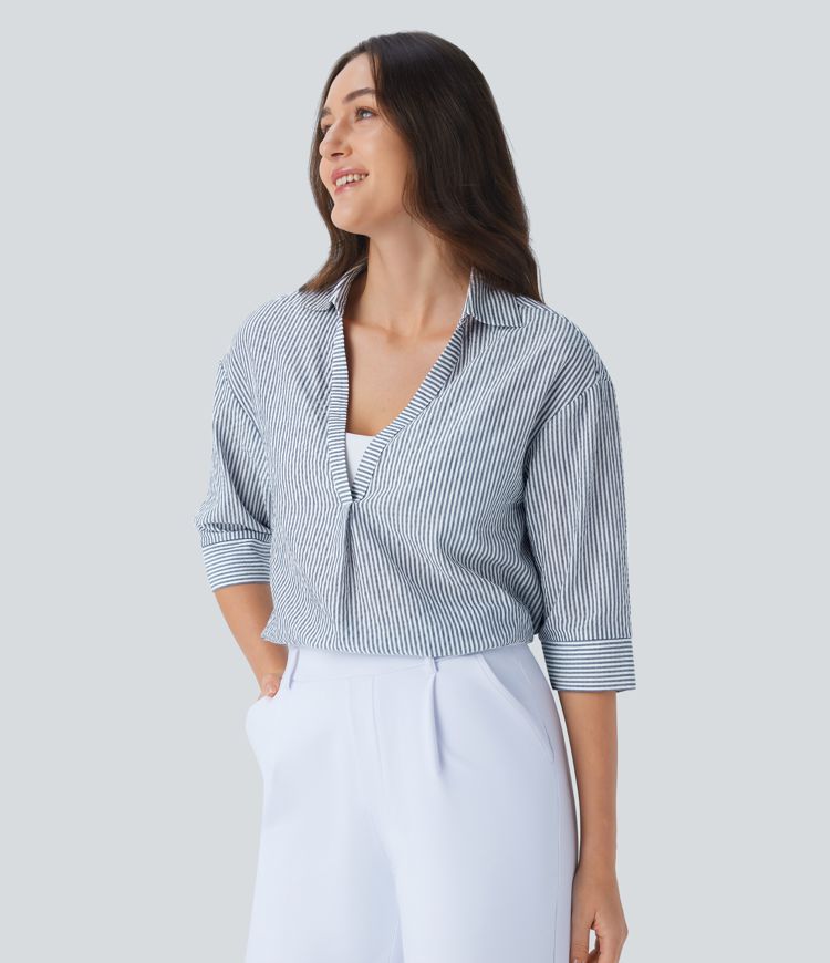 Half Sleeve Curved Hem Stripe Work Blouse