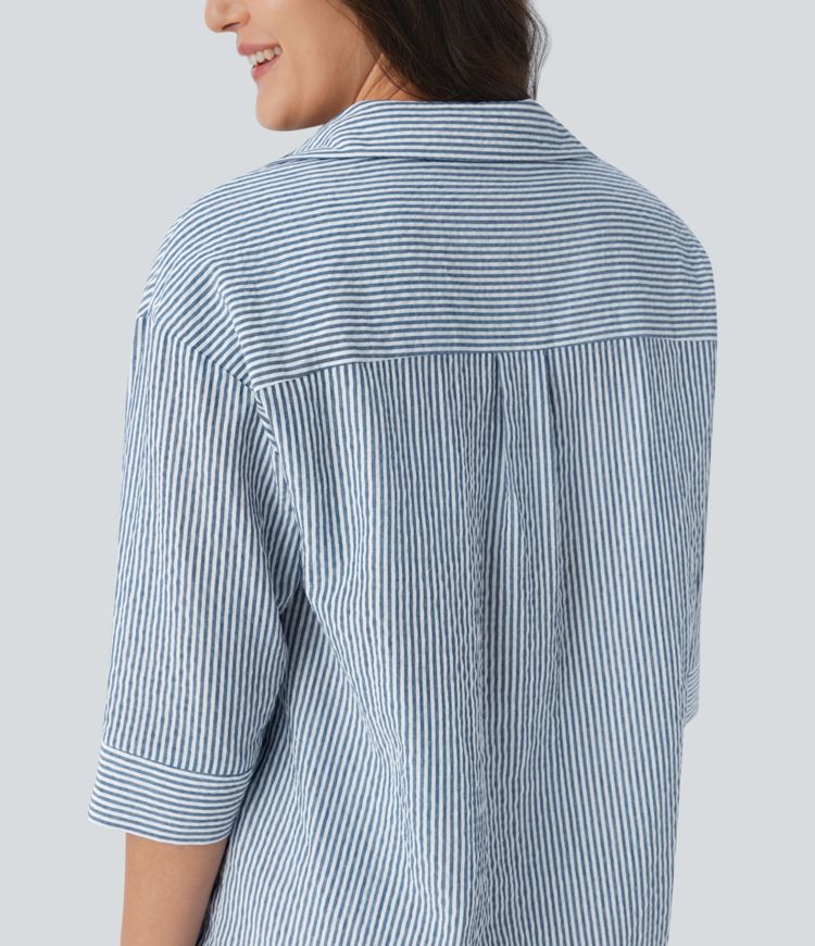 Half Sleeve Curved Hem Stripe Work Blouse