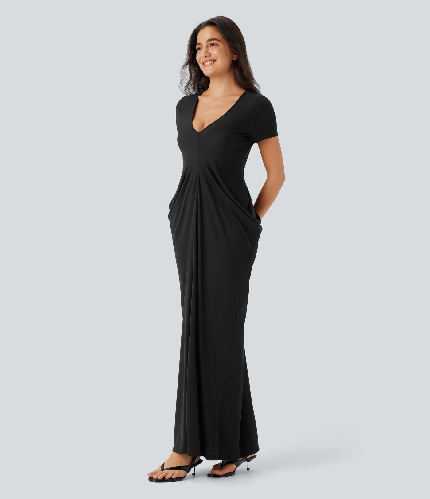 V Neck Short Sleeve Stacked Ruched Maxi Casual Dress