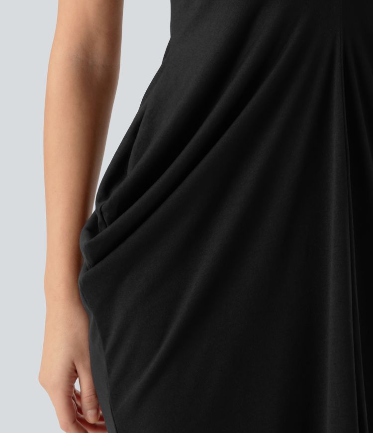 V Neck Short Sleeve Stacked Ruched Maxi Casual Dress