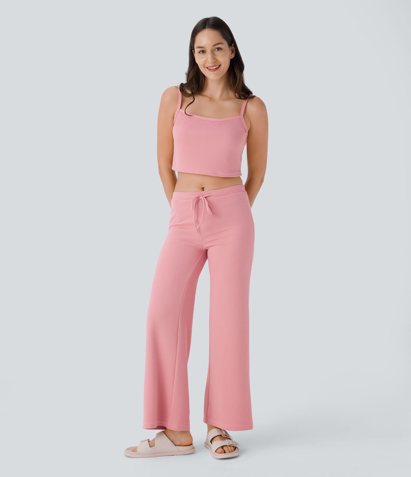 Mid Rise Drawstring Straight Leg Waffle Lounge Pants