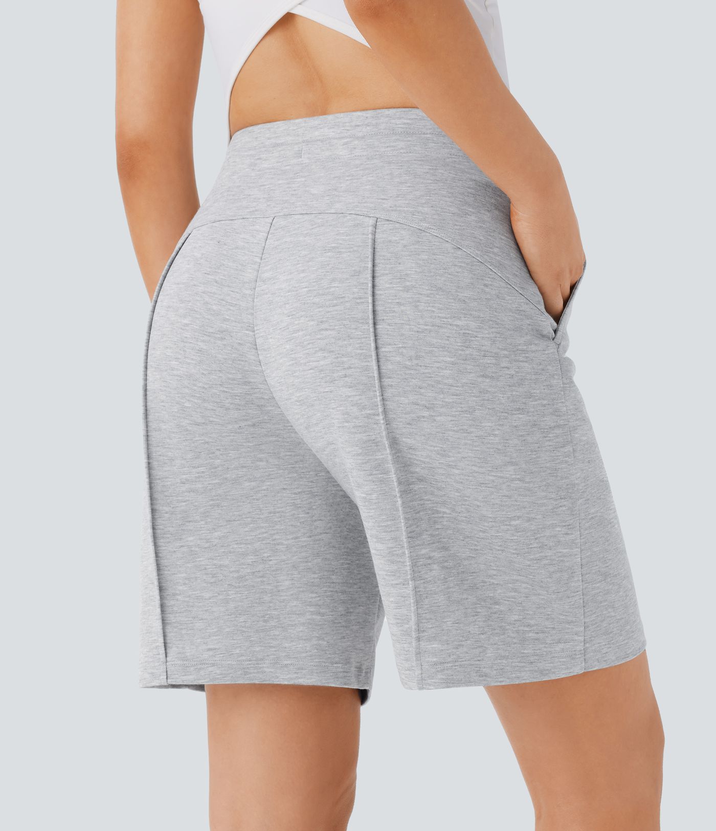 High Waisted Drawstring Pocket Casual Bermuda Sweat Shorts 7''