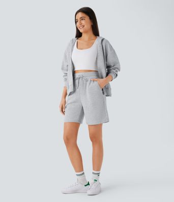 High Waisted Drawstring Pocket Casual Bermuda Sweat Shorts 7''