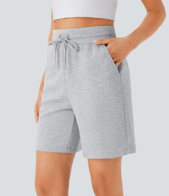 High Waisted Drawstring Pocket Casual Bermuda Sweat Shorts 7''