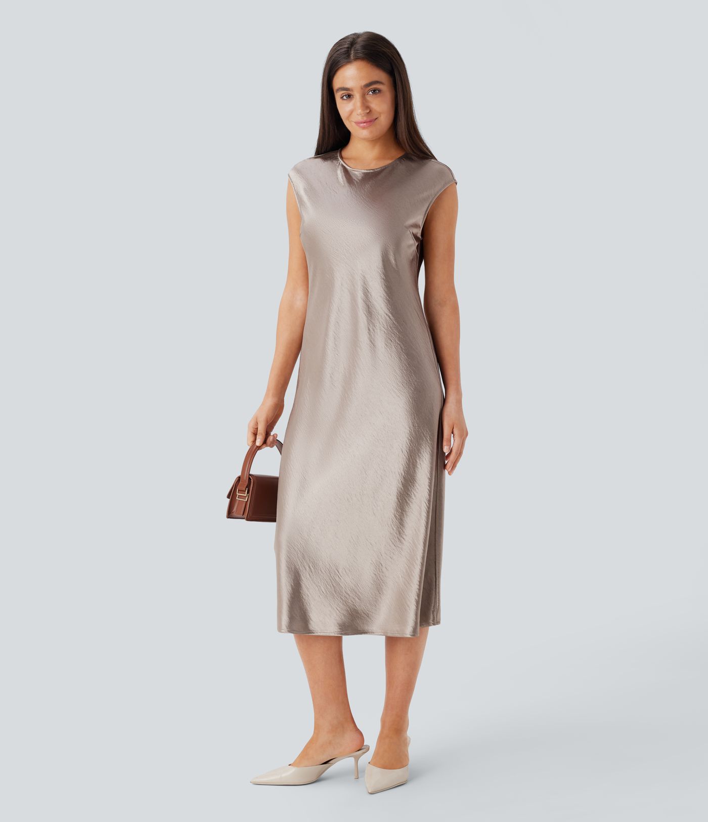 Vestido midi oficina satén cuello redondo manga corta forma A