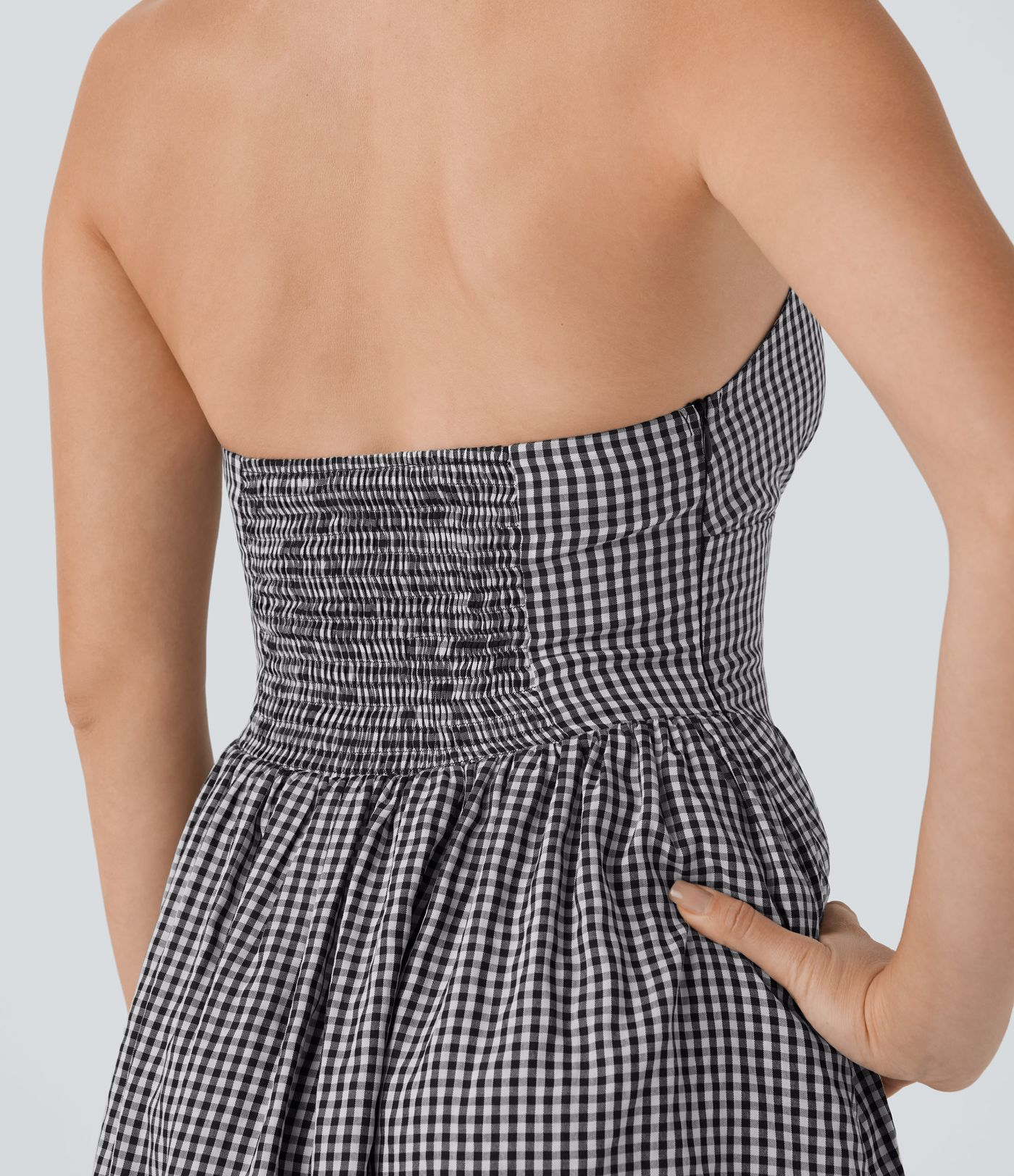 V Neck Halter Shirred Gingham Mini Dress