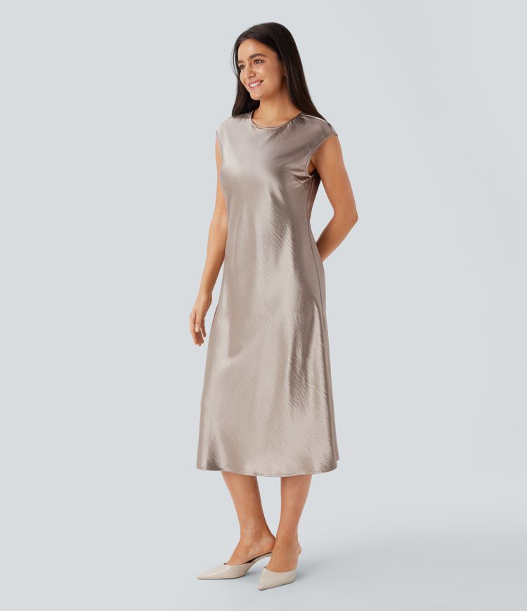 Vestido midi oficina satén cuello redondo manga corta forma A