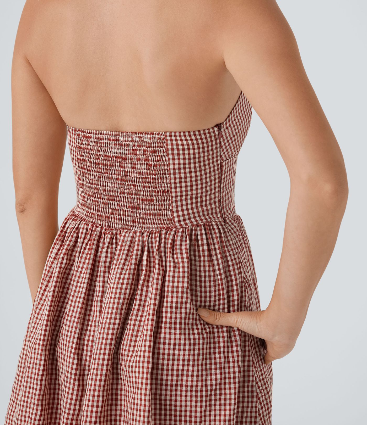 V Neck Halter Shirred Gingham Mini Dress