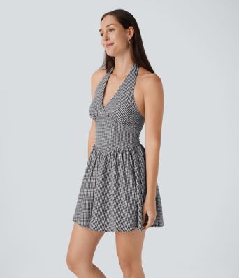 V Neck Halter Shirred Gingham Mini Dress