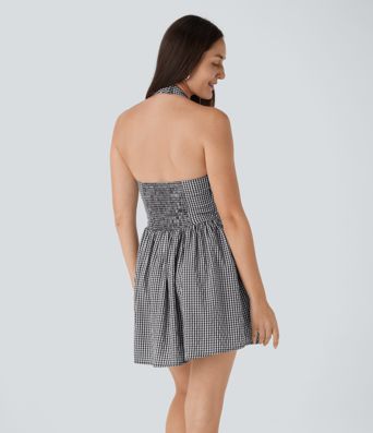 V Neck Halter Shirred Gingham Mini Dress