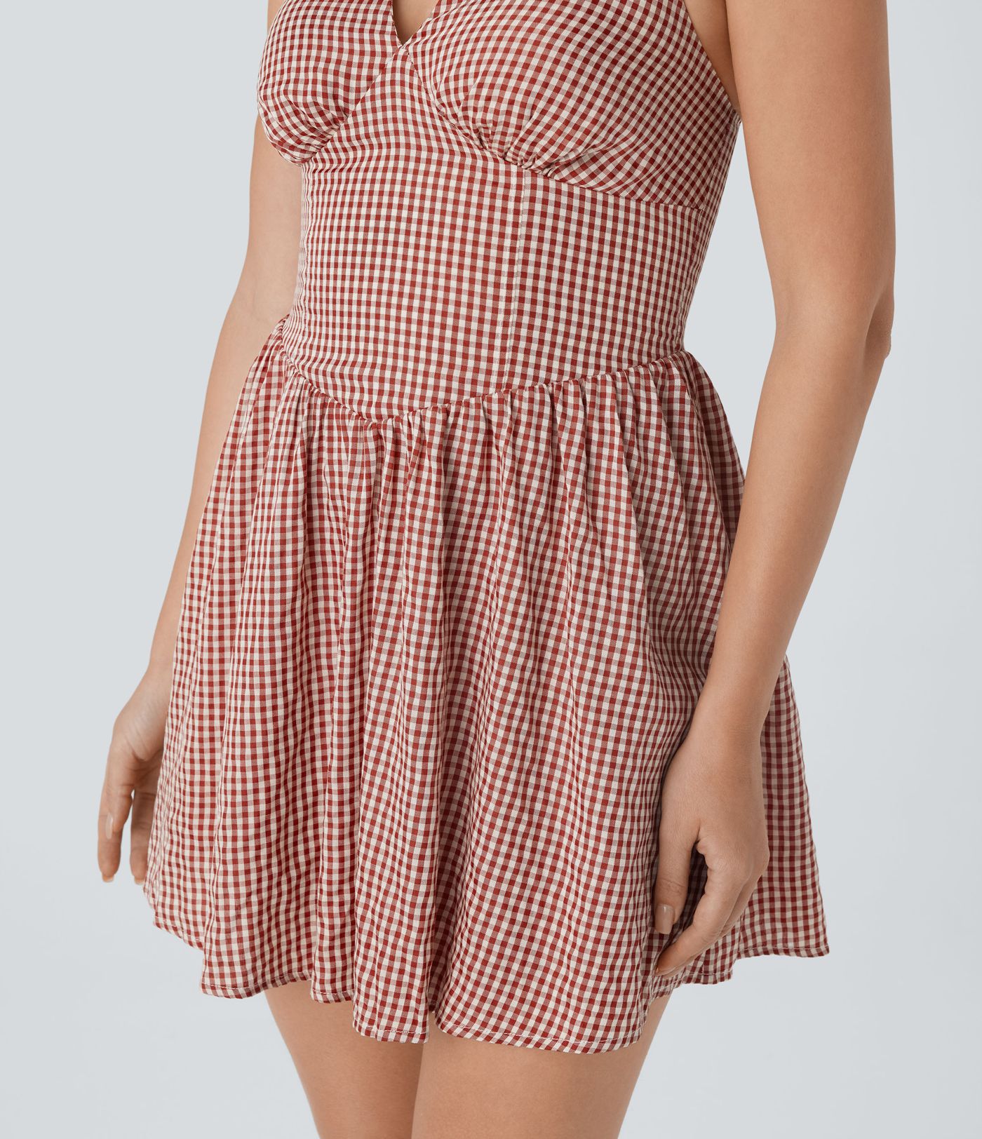V Neck Halter Shirred Gingham Mini Dress