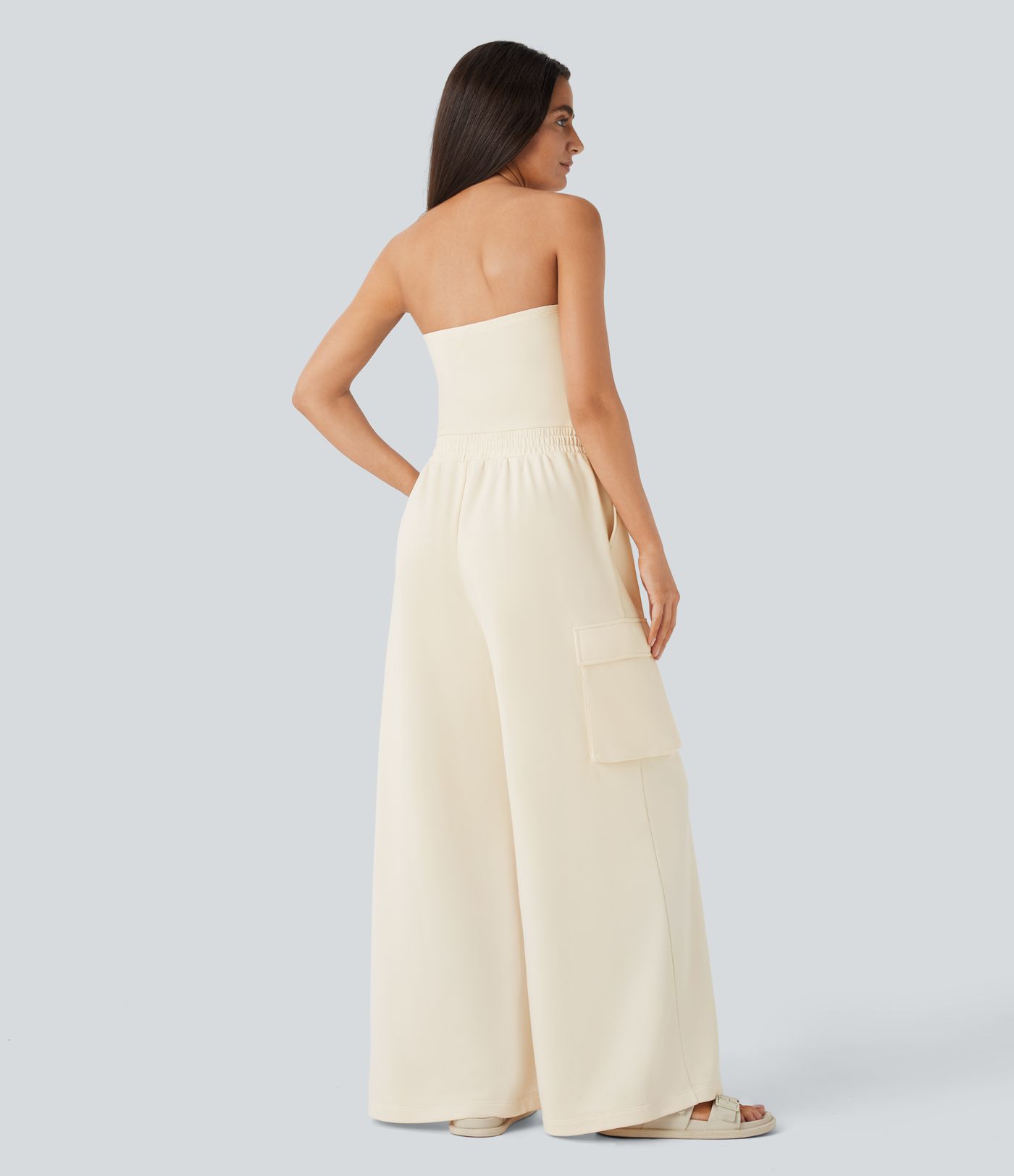 Tube Drawstring Pockets Wide Leg Casual Cargo Jumpsuit