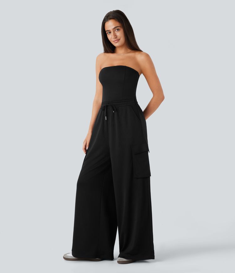 Tube Backless Invisible Zipper Drawstring Multiple Pockets Wide Leg Casual Cargo Jumpsuit