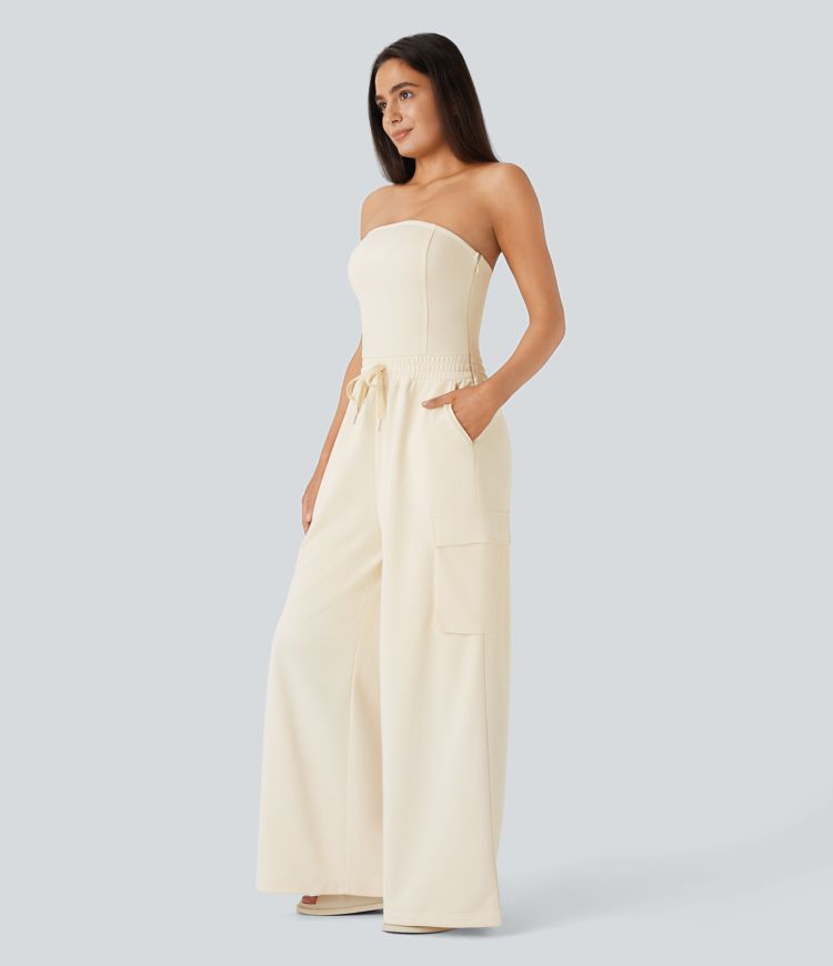 Tube Drawstring Pockets Wide Leg Casual Cargo Jumpsuit
