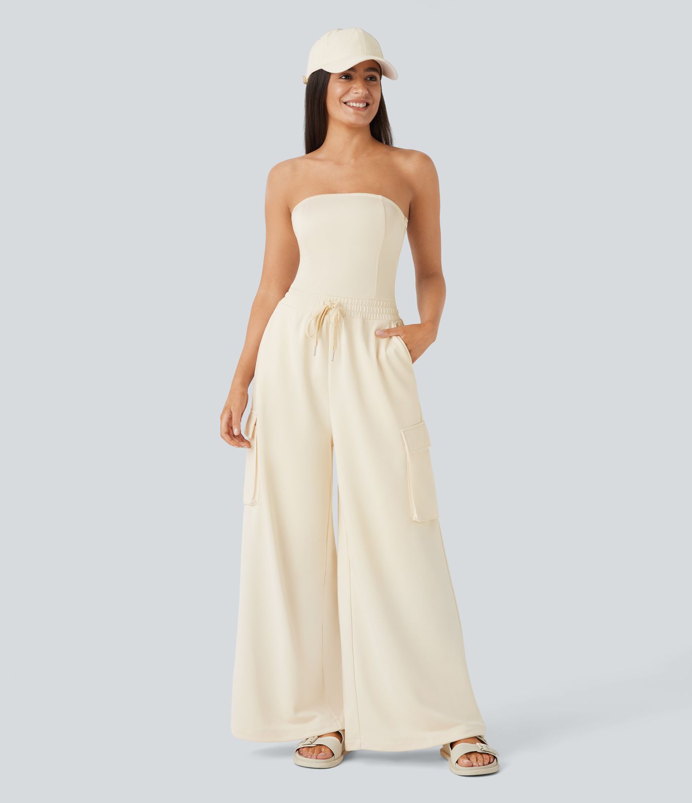 Tube Drawstring Pockets Wide Leg Casual Cargo Jumpsuit