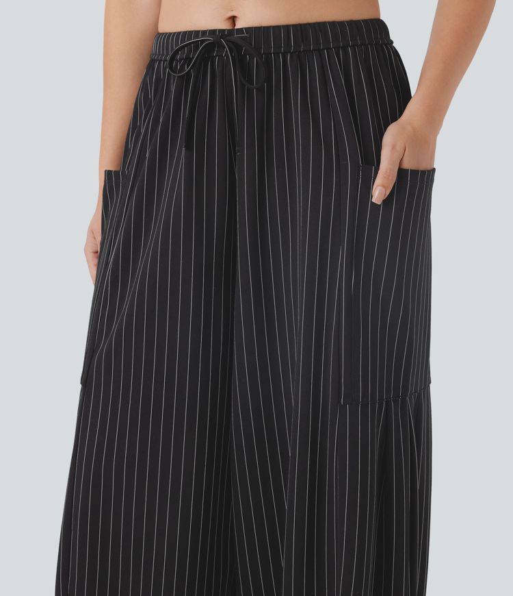 Mid Rise Drawstring Pocket Oversize Barrel Leg Cool Touch Stripe Pants