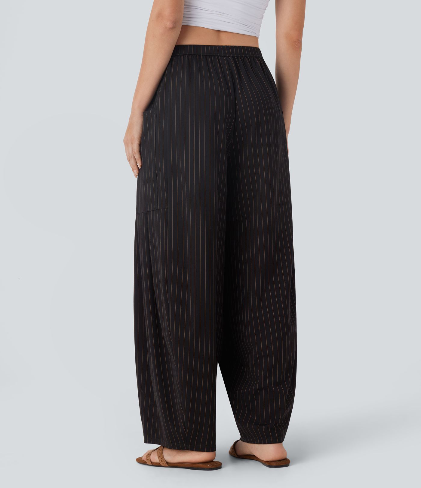 Pantalon barrel oversize à rayures cool touch, taille mi-haute, avec cordon et poches