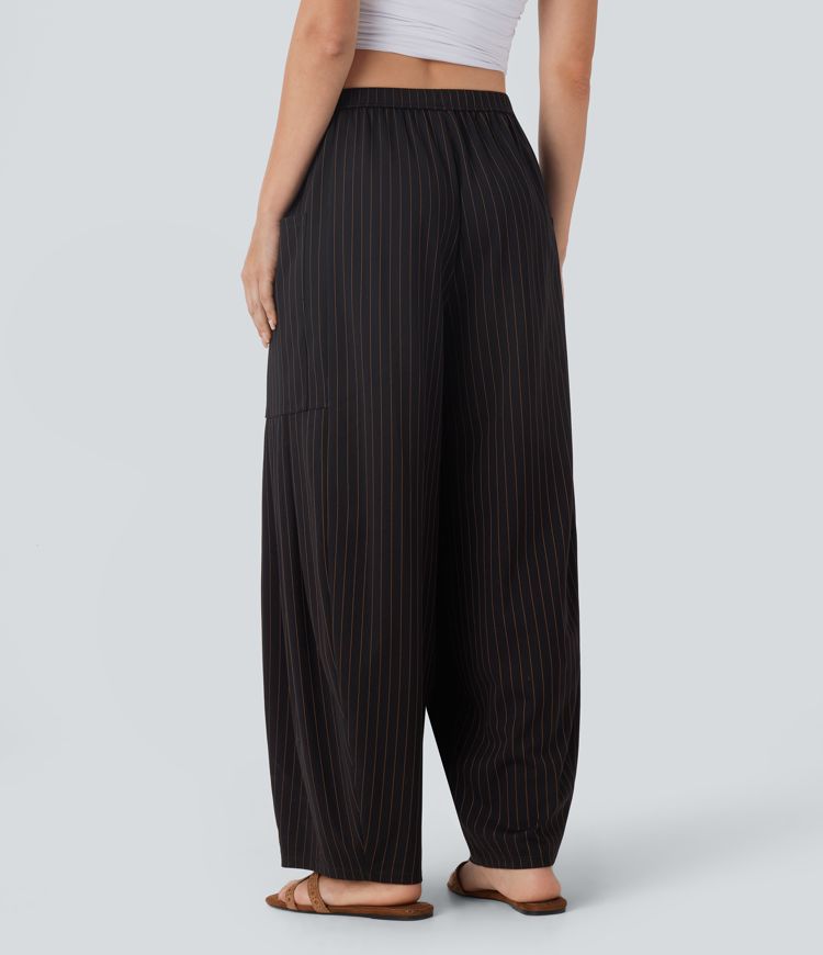 Pantalon barrel oversize à rayures cool touch, taille mi-haute, avec cordon et poches