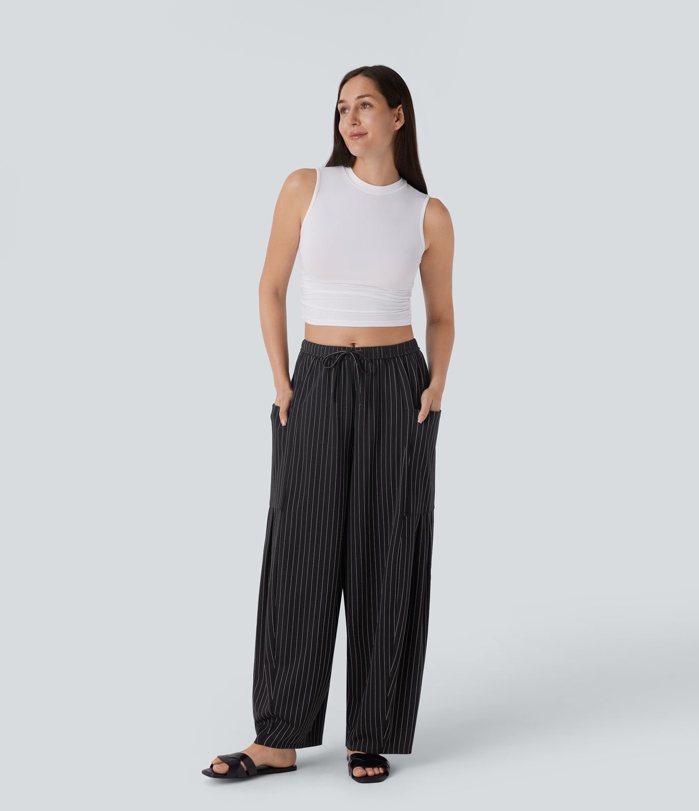 Mid Rise Drawstring Pocket Oversize Barrel Leg Cool Touch Stripe Pants