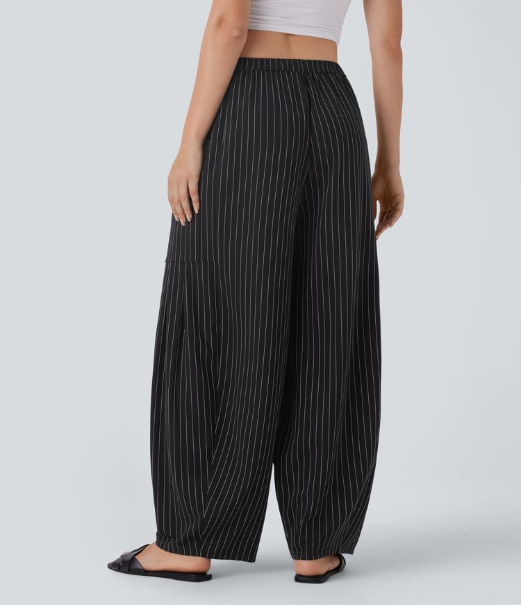 Mid Rise Drawstring Pocket Oversize Barrel Leg Cool Touch Stripe Pants