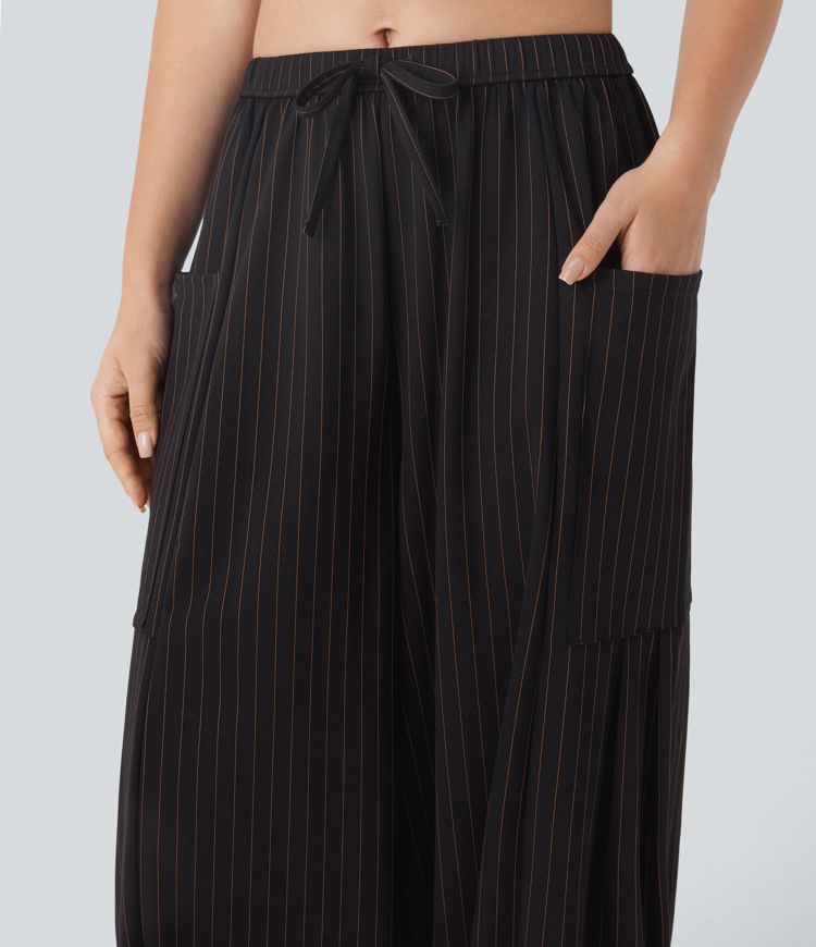 Pantalon barrel oversize à rayures cool touch, taille mi-haute, avec cordon et poches