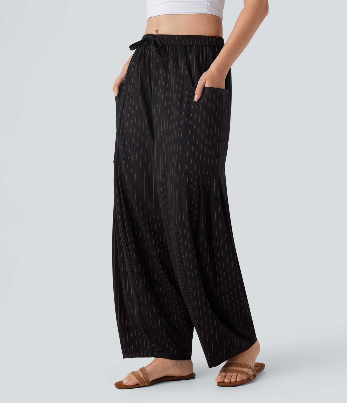 Pantalon barrel oversize à rayures cool touch, taille mi-haute, avec cordon et poches