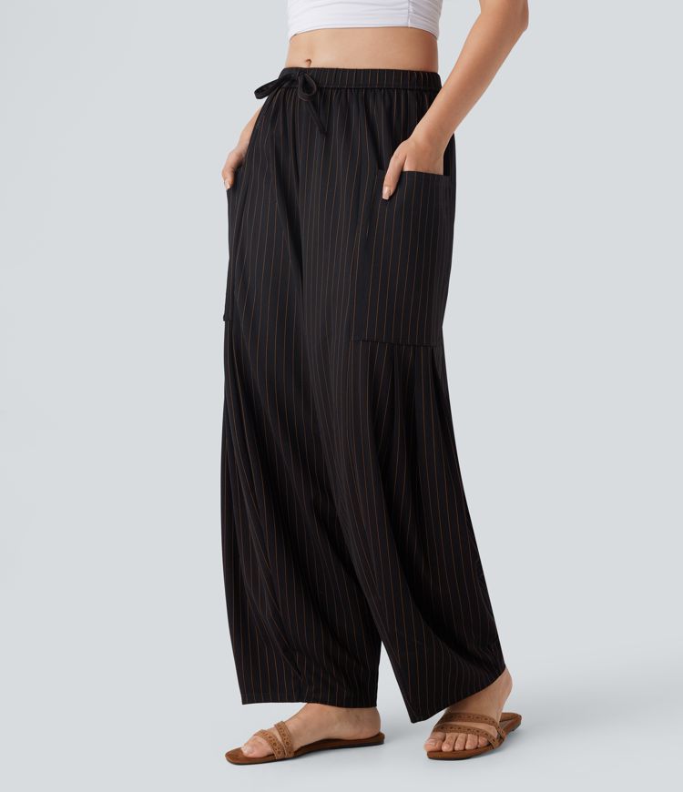 Pantalon barrel oversize à rayures cool touch, taille mi-haute, avec cordon et poches