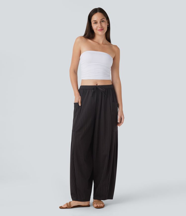 Pantalon barrel oversize à rayures cool touch, taille mi-haute, avec cordon et poches