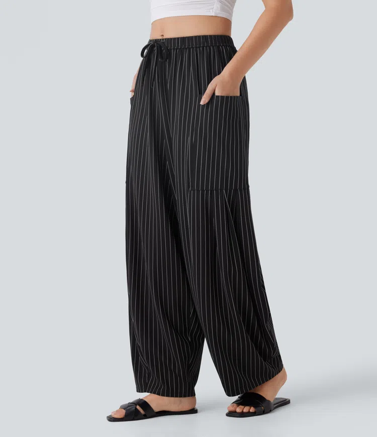 Mid Rise Drawstring Pocket Oversize Barrel Leg Cool Touch Stripe Pants