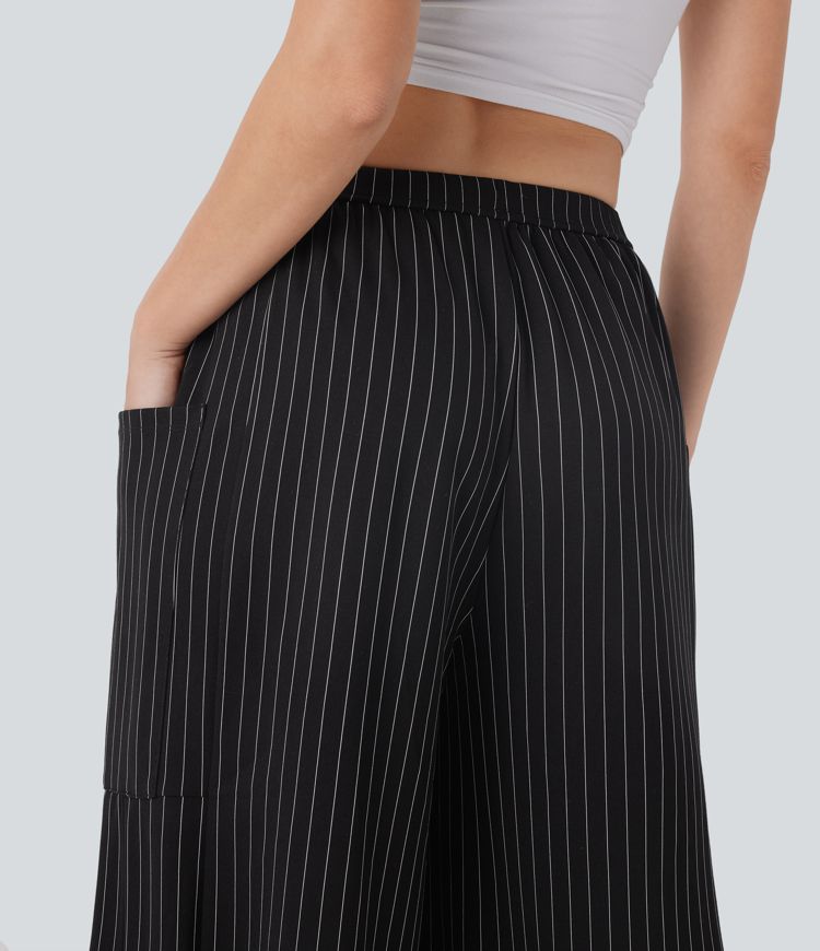 Mid Rise Drawstring Pocket Oversize Barrel Leg Cool Touch Stripe Pants