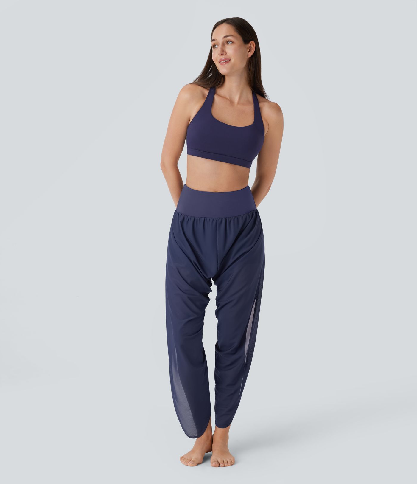 Pantalon de yoga deux-en-un à taille haute avec poches latérales, fronces et empiècements en résille contrastée