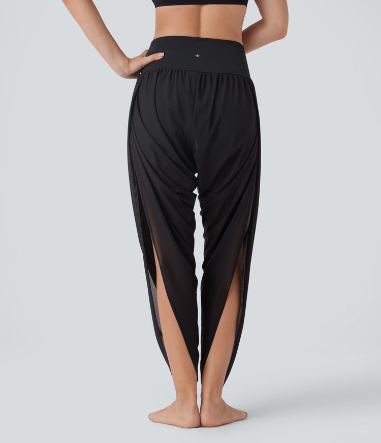High Waisted 2-in-1 Side Pocket Ruched Contrast Mesh Split Yoga Joggers